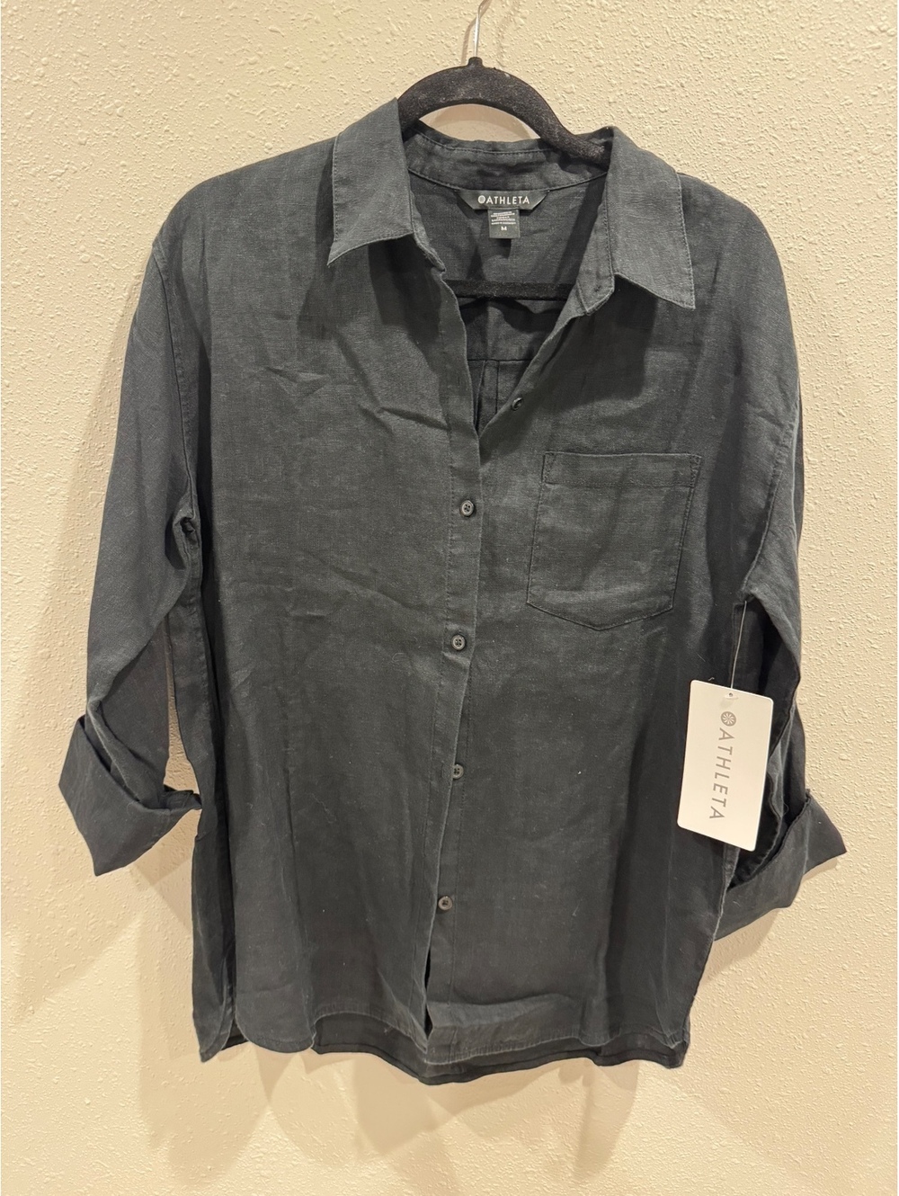 Athleta Retreat Linen Top M Black 100% Linen Button Down